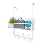 Kaiferty Over The Door Hooks Organizer, Coat Rack with Mesh Basket and 12 Hooks,Back of Door Hanger for Bathroom,Bedroom,Kitchen,Office(White)