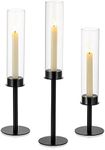 NUPTIO Black Candlestick Holders for Centerpiece: 3 Pcs Hurricane Taper Holder with Windproof Glass Cover Long Stem Cylinder Metal Candle Sticks Stands for Outdoor & Indoor Wedding Table Decoration