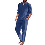 Beokeuioe Men's Cotton Linen Pyjamas Long Sleeve Shirt and Lounge Bottoms with V Neck Men's Pyjama Set Two Piece Sleepwear Retro Long Sleeve T-Shirt, B Blue, L