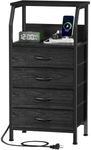 Furnulem Night Stand with Charging Station, 4 Drawer Dresser with Storage Shelf, 33.3 Inch Tall Side Table, Fabric End Table for Closet, Entryway, Bedside Furniture, 3 Ways to Use, Black Oak