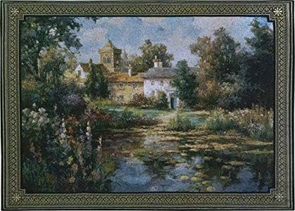 Summer Escape by Vail Oxley | Woven Tapestry Wall Art Hanging | Peaceful Floral Pond Befor Stately English Manor | 100% Cotton USA Size 53x37