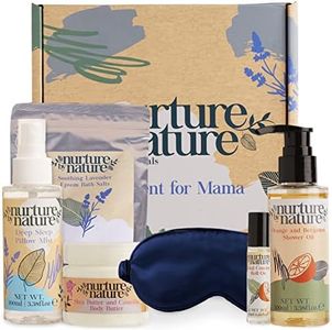 Nurture by Nature Regalos para mamá, Manteca corporal, Aceite de ducha, Roll-on de aceite esencial, Sales de baño de Epsom, Máscara de seda para los ojos, Nueva mamá, Regalo para el embarazo