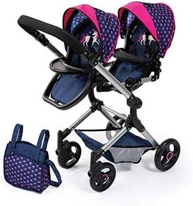 Bayer Design 26254AA Cochecito de Muñeca Gemelas, Carrito Paseo para muñecos, Ajustable en Altura, Plegable, con la Bolsa de Bandoler, Azul con Unicornio y Corazones