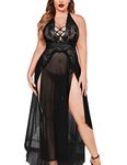 Softwrap Plus Size Lingerie Babydoll Chemise Lace Split Long Maxi Dress Nightgowns for Women Sleepwear (XX-Large, Black)