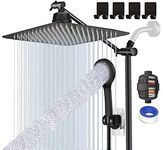 Upgraded 12" Black Shower Head with Handheld Spray Waterfall Showerhead High Pressure Detachable Shower Head with Hose & 12" Shower Head Extension Arm Free Shower Head Filter for Hard Water + 4 Hooks