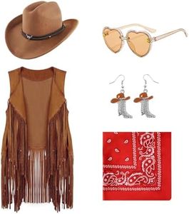 Dwieey Cowgirl Outfits for Girls Kids 6 Pcs Western Costume Accessories Cowboy Hat Fringe Vest Earring for Halloween 7-8 T