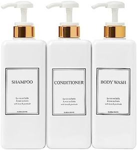(White) - HARRA HOME Modern Gold Design Pump Bottle Dispenser For Bathroom 800ml Refillable Empty Shower Shampoo White Plastic Bottles with Pump Set lotion Body wash and Massage Oils, Pack of 3 (White)
