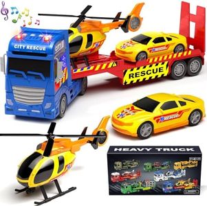 Tacobear 3 in 1 Camion Carro Attrezzi Giocattolo Bambini grande Giocattolo Camion Trasportatore con Elicottero Macchina da Corsa, Camion Veicoli Giocattolo Regalo per Bambini 2 3 4 5 6 anni