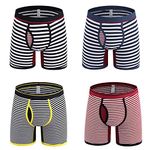 Nuofengkudu 4 Pack Men's Boxer Shorts Cotton Underpants Open Fly Pouch Underwear Multi Breathable Comfortable Stretch No Ride up Striped Long Trunks Size L Waist 30"-33" (Pattern A)