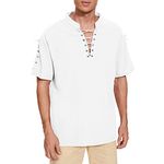 Mens Summer Casual Linen Henley Shirts Short Sleeve Beach Lace Up Hippie Shirts Medieval Renaissance Pirate Costumes White