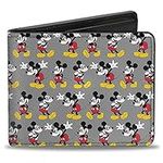 Buckle-Down Men's Nerdy Mickey Mouse 3-Pose Stripe Gray Bi-Fold Wallet, Multicolor, Default Size