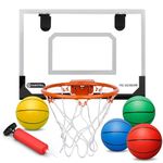 Pro Indoor Mini Basketball Hoop for Kids Adults, Over Door Wall Mount Basketball Hoop Toy with 4 Rubber 6 Inch Balls, Large Dunk Rim Gift for Birthday Pool Office Sport Game (with Pump)