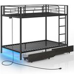 Rolanstar Metal Bunk Bed Twin Over Twin with USB Charging Station, LED Bunk Bed with 2 Storage Drawers, Bed with Safety Guardrail & Ladders, No Box Spring Needed, Easy Assembly, Black