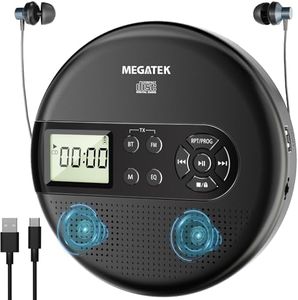 MEGATEK Portable CD Player with Dual Stereo Speakers and 60 Seconds Anti Skip, Personal Walkman CD Player for Car with Headphones, USB Port, Bluetooth and FM Transmitter, 2000mAh Rechargeable Battery