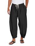 COOFANDY Men's Cotton Linen Harem Pants Drawstring Casual Cropped Trousers Lightweight Loose Beach Yoga Pants with Pockets Black