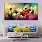 DEKORSTATION Canvas Floral Painting for Living Room Wall Decoration Colorful Abstract Flowers Illustration Floating Frame Art Print for Home and Office Décor Size : 18x36 Inches