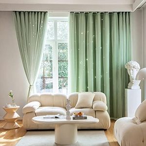 Loyala Stars Curtains Blackout Curtains for Bedroom Double Layer Curtains Kids Curtains Cute Curtains Kids Blackout Curtains, Curtains 108 Inches Long 1 Panel, Green Curtains, 52 X 108 Inches