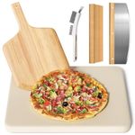 5 PCS Rectangle Pizza Stone Set, 16"Large Pizza Stone for Oven and Grill with Pizza Peel(OAK), Pizza Stone Brush,Pizza Cutter & 10pcs Cooking Paper for Free, Baking Stone for Pizza, Bread,BBQ