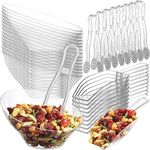 6 oz Clear Plastic Dessert Bowls (16 Pcs) with (8) Scoops and (8) Tongs, Angled Hard Disposable Ice Cream Bar Cups and Candy Buffet Containers Set for Serving Food, Appetizers, Buffets, Party Supplies