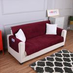 HOKIPO Quilted Velvet Sofa Cover with Pockets for 3 Seater, Sangria Red (IN-769)