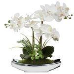 Orchids Artificial Flowers 15" White Phalaenopsis Orchid with Silver Pots Real Touch Faux Orchid Plant for Home Office Bathroom Living Room Party Wedding Decoration