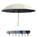 PRIME PICK Travel Guard Umbrella Compact Folding Umbrella Reflective Strip Carabiner Handle Windproof UV Protection Lightweight Anti Slip Grip for Men Women Kids Beige