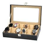 ZENWOOD Men's Women's, 12-Slot Watch Case with Large Glass Lid, Removable Watch Pillows, Watch Box Organizer, Gift for Loved Ones, Black Leatherette, Beige Color Velvet