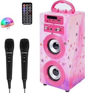 DYNASONIC Karaoke Machine with 2 Microphones, Portable Bluetooth Speaker with Lights, USB and SD Reader, Gift for Children Ages 5-13 (Model 15 lights)