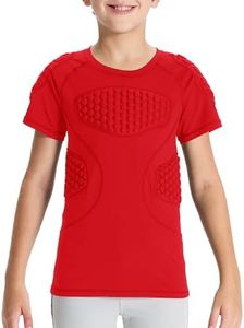 DEVOROPA Youth Boys Padded Football Shirt Baseball Lacrosse Compression Undershirt Chest Protector Rib Heart Shoulder Gear Red M