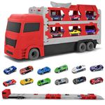 Donaky Car Transporter Toy Carrier Truck Toy Cars 3 Layers Foldable Design with 12 Race Cars Toy Car Set for 3 4 5 6 Year Old Kids Boys Girls, Red