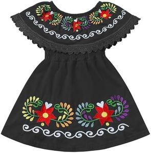 Mexican Traditional Cinco de Mayo Fiesta Dress for Girls - Sleeveless Off-Shoulder Ethnic Floral Embroidered Dress - Toddler Kids Vestidos Tipicos Mexicanos - Black, 5-6 Years