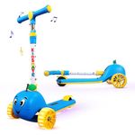 Kidsmate Musical & LED Lights Kick Scooter for Kids | 4-Level Height Adjustment | Kids Scooter with Motion-Activated Light-Up Wheels | Wide Non-Slip Deck & Ultra-Stable Ride for 3+ Years - Blue