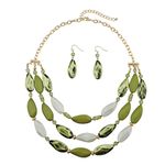 Bocar 3 Layer Beads Statement Necklace Earring for Women Jewelry Set (NK-10077-army Green)