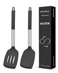 2 Pcs Silicone Spatulas Turners, Solid and Slotted Spatula Set, Non-Stick BPA Free High Heat Resistant Handy Kitchen Utensils for Cooking, Grill, Flipping Eggs, Fish, Pancake（Black）