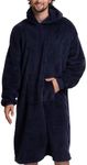 Mad Dog Men's Sherpa Fleece Wearable Blanket Hoodie - Cozy Long Sleeves Hooded Poncho Jacket For Adults, One Size, Navy