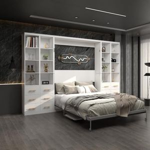 WinJoy Queen Size Murphy Wall Bed with Desk and 4 Cabinets | Space-Saving Foldable Bed for Studio, Study, Office and Guest Room， White