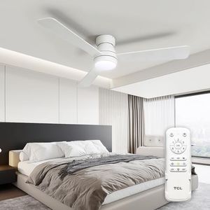 TCL Ceiling Fans with Lights, 46 inch 3 blades Low Profile and Remote Control, Reversible, Flush Mount, 3CCT, Dimmable, Noiseless, Black Ceiling Fan for Bedroom, Indoor Use (White, 46 Inch)