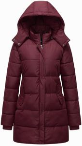 GGleaf Women's Winter Thicken Puffer Coat Warm Snow Jacket with Removable Hood Fashions Long Jacket Burgundy Red X-Large