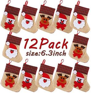 OurWarm 12PCS Mini Christmas Stockings, 3D Small Christmas Stocking Bulk Burlap Cutlery Holders Tableware Bags, Santa Snowman Reindeer Christmas Stockings for Xmas Party Table Decorations