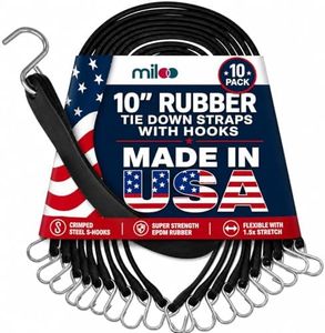 Rubber Bungee Cords with Hooks Made in USA 10 Pack 10" Long EPDM Rubber Tie Down Straps Heavy Duty Outdoor with Crimped Metal Hooks, Tarp Straps for Flatbed Trailers, Cargo Control, Tarps and more