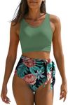 Dokotoo Bathing Suit for Women Tummy Control Fashion Floral Print Sexy 2024 Swimsuit Scoop Neck Sleeveless Tie Knot High Waisted Bikini Sets for Women Green Large