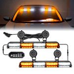 OPP ULITE White Amber Dash Emergency Strobe Lights 2 in 1, Safety Flashing Warning Hazard Interior Front/Rear Windshield Dual Light Bar with 9 Key Switch, 48W 48pcs Led, 20 Modes, w/Suction Cups