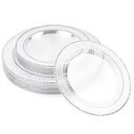 MATANA 40 Premium Clear Plastic Plates with Hammered Silver Rim - 20 26cm Dinner Plates, 20 19cm Dessert Plates - Elegant & Reusable Party Plates for Weddings, Birthdays, BBQ, Parties