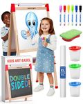 Blue Squid Art Easel for Kids, Easels for Toddlers | Adjustable Art Easel with Paper Roll, Magnetic Kid Chalkboard Easel Double Sided, Toddler White Board Toddler Easel for Kids + Accessories