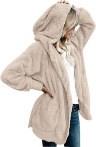 CHICGAL Womens Winter Fuzzy Jacket Sherpa Coat Open Front Hooded Cardigan Outwear with Pockets (Khaki,L)