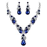 BriLove Women's Wedding Bridal Crystal Multi Teardrop Cluster Statement Necklace Dangle Earrings Set Sapphire Color Silver-Tone