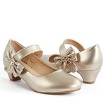 ADAMUMU Dress Shoes for Girls Low Heels Princess Shoes Toddler Mary Jane Wedding Sandles Flower for Children in Party Church Dress Up Costume,Gold,Size 13.5M for Little Kids