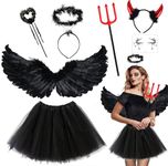 Black Angel Costume Women Girls Devil Costume Women, Angel Halloween Costume with Black Wings Angel Halo Devil Horns Fork And Tutu Skirt, Devil Accessories Women Halloween Costumes for Women Girls