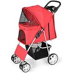 display4top Pet Travel Stroller Dog Cat Pushchair Pram Jogger Buggy With 4 Wheels (Red)