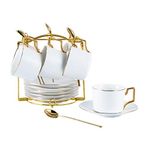 CHILDIKE Porcelain Cappuccino Cups with Saucers and Metal Stand, 200ml Porcelain Demitasse Espresso Cups Set, Porcelain Coffee Cups for Tea, Latte, Cafe Mocha, Set of 6, Matte White